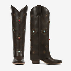 Tuhoomall Western Knee-High Boots With Studs And Embroidery, Casual Fashion For All Seasons, Foldable Design, Chunky Heel, Rubber Sole