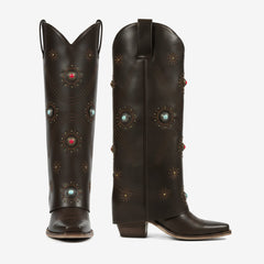 Tuhoomall Western Knee-High Boots With Studs And Embroidery, Casual Fashion For All Seasons, Foldable Design, Chunky Heel, Rubber Sole Tuhoomall
