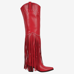 Tuhoomall Over-The-Knee High Heel Boots With Fringes And Studs For Party And Fashion Events
