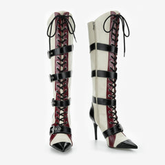 Tuhoomall Knee-High Boots for Women, Comfortable Floral Design with High Heel, Adjustable Buckle Closure, Perfect for Casual Style