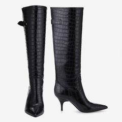 Tuhoomall Knee-High Stylish Party Boots for Women with Pointed Toe, Adjustable Buckle, Stone Pattern, 8cm Mid-Heel, Comfortable Rubber Sole