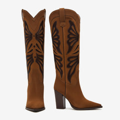 Tuhoomall Fashion Casual Knee-High Boots with Embroidery, Lizard Pattern Chunky Heel for Travel, Work, Party and Evening Wear