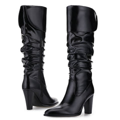 Tuhoomall Fashion Knee-High Boots for Women, Stylish Ruffled Design, 9cm Chunky Heel, Ideal for Casual Work and All Seasons