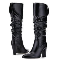 Tuhoomall Fashion Knee-High Boots for Women, Stylish Ruffled Design, 9cm Chunky Heel, Ideal for Casual Work and All Seasons Tuhoomall
