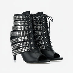 Tuhoomall Western Style Sparkling Ankle Boots with Peep Toe for Parties and Performances, High Heels, Studded Design, All-Season Fashion