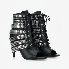 Tuhoomall Western Style Sparkling Ankle Boots with Peep Toe for Parties and Performances, High Heels, Studded Design, All-Season Fashion Tuhoomall