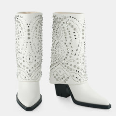 Tuhoomall Western Cowboy Boots For Women, Mid-Calf Foldable Design, Trendy Geometric Pattern, Chunky Heel, Sparkling Studs, Perfect For Outdoor Fashion