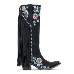 Tuhoomall Western Cowboy Boots for Women, Floral Embroidered Mid-Calf Chunky Heel, Trendy Fringe Detail, Perfect for Casual Outings and Performances Tuhoomall