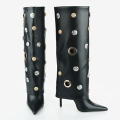 Tuhoomall Stylish Knee-High Women's Boots with Pointed Toe, Hollow Design and Metal Accents for Parties, Performances and Fashion Events