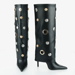 Tuhoomall Stylish Knee-High Women's Boots with Pointed Toe, Hollow Design and Metal Accents for Parties, Performances and Fashion Events Tuhoomall