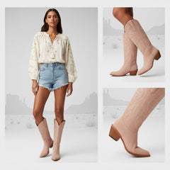 Tuhoomall Western Embroidered Pointed Toe Chunky Heel Slip-On Mid Calf Boots for Women, Retro Casual Style, Perfect for Weddings and Everyday Wear