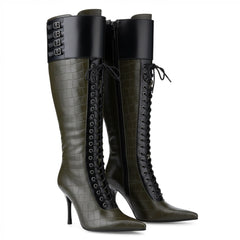 Tuhoomall Knee-High Pointed Toe Women's Fashion Boots with Cross Straps and Metal Accents for Parties and Performances, Stylish and Functional