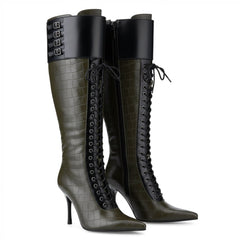 Tuhoomall Knee-High Pointed Toe Women's Fashion Boots with Cross Straps and Metal Accents for Parties and Performances, Stylish and Functional Tuhoomall