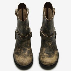 Tuhoomall Western Cowboy Ankle Boots for Women, Vintage Chunky Heel Booties, Easy Slip-On Design, All-Weather Comfort with Metal Buckle Detail