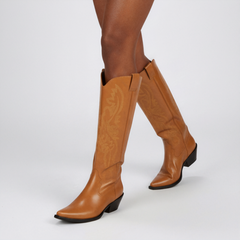 Tuhoomall Western Style Floral Embroidery Knee High Boots for Work - 5.6 cm Chunky Heel, Rubber Sole, Slip-On Design, Classic Fashion وترتیب