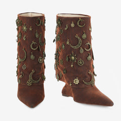 Tuhoomall Western Style Chunky Heeled Ankle Boots with Vintage Metallic Accents for Parties and Events