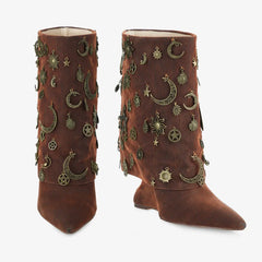 Tuhoomall Western Style Chunky Heeled Ankle Boots with Vintage Metallic Accents for Parties and Events Tuhoomall