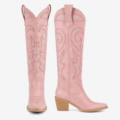 Tuhoomall Western Style Knee High Boots With Rhinestones & Embroidery, Trendy Chunky Heels For Casual Office Wear, All Season Comfort