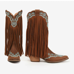 Tuhoomall Western Cowboy Boots for Women with Fringe, Embroidery and Studs - Stylish Casual Party Footwear with Chunky Heels Tuhoomall