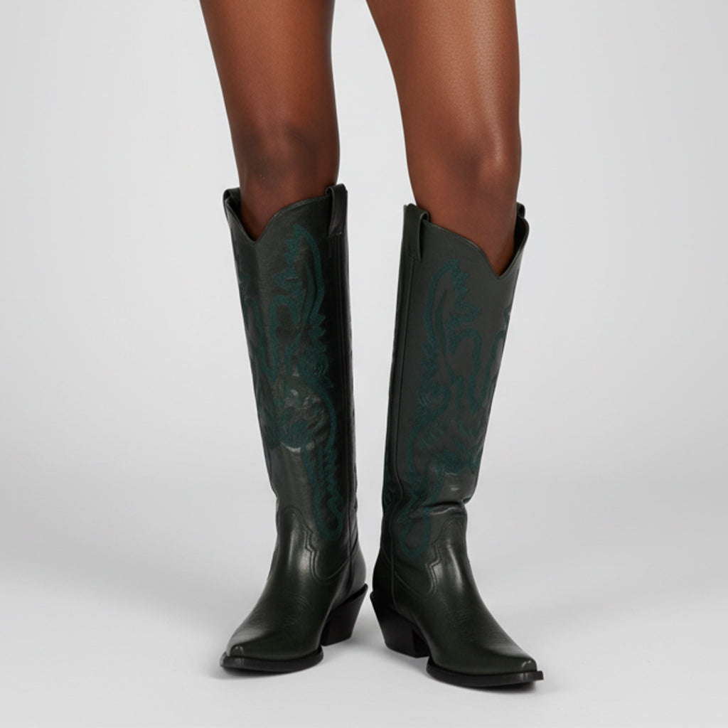 Tuhoomall Western Style Floral Embroidery Knee High Boots for Work - 5.6 cm Chunky Heel, Rubber Sole, Slip-On Design, Classic Fashion وترتیب Tuhoomall