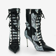 Tuhoomall Ankle Boots for Parties and Weddings, Trendy PU Leather with Studs, 9cm Slim High Heels, Lace-Up and Zipper Closure