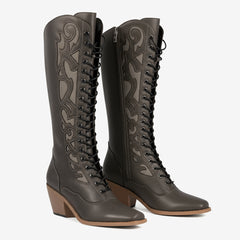 Tuhoomall Womens Chunky Heel Cowboy Western Boots Lace Up Retro Mid Calf Boots Riding Snip Toe Cowgirl Riding Boots