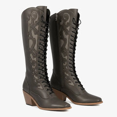 Tuhoomall Womens Chunky Heel Cowboy Western Boots Lace Up Retro Mid Calf Boots Riding Snip Toe Cowgirl Riding Boots Tuhoomall