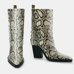 Tuhoomall Desert Style Chunky Heeled Western Ankle Boots with Animal Print and Rhinestone Embellishments for Fashionable Casual Wear Tuhoomall