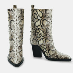 Tuhoomall Desert Style Chunky Heeled Western Ankle Boots with Animal Print and Rhinestone Embellishments for Fashionable Casual Wear