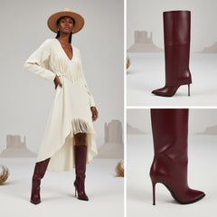 Tuhoomall Knee-High Stiletto Boots for Parties - Classic Style, Pure Color, Comfortable Fit, 10cm Heel, Perfect for Fashionable Evening Wear