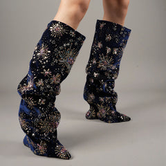 Tuhoomall Over The Knee Floral Embellished Chunky Heeled Boots For Parties And Fashionable Events