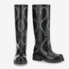 Tuhoomall Comfortable Knee-High Boots with Geometric Patterns, Low Heel, Perfect for Performances and Casual Fashion