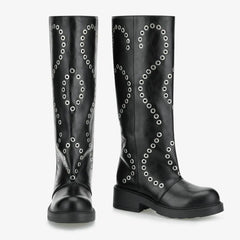 Tuhoomall Comfortable Knee-High Boots with Geometric Patterns, Low Heel, Perfect for Performances and Casual Fashion Tuhoomall
