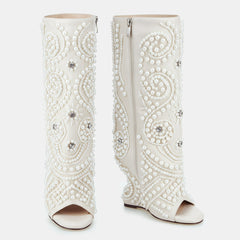 Tuhoomall Wedge Heel Floral Peep-Toe Ankle Boots with Rhinestone Accents for Parties and Performances