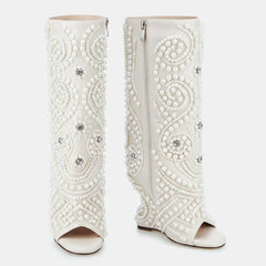 Tuhoomall Wedge Heel Floral Peep-Toe Ankle Boots with Rhinestone Accents for Parties and Performances Tuhoomall