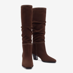 Tuhoomall Fashionable Ruched Knee-High Boots for Women, Chunky Mid-Heel, Casual Chic Style, Versatile All-Season Comfort Tuhoomall