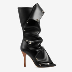 Tuhoomall Mid Calf Stiletto Boots for Women, Pointed-Toe Denim Heels with Button Detail for Fashion Parties and Events