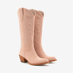 Tuhoomall Western Embroidered Pointed Toe Chunky Heel Slip-On Mid Calf Boots for Women, Retro Casual Style, Perfect for Weddings and Everyday Wear