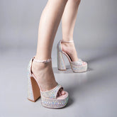 Tuhoomall Waterproof Platform High Heel Sandals with Rhinestones for Summer Events, Adjustable Buckle, Chunky Heel for Stability Tuhoomall