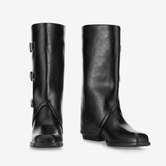 Tuhoomall Foldable Mid-Calf Chunky Heel, Stylish Adjustable Metallic Buckle, Perfect For Casual And Formal Occasions