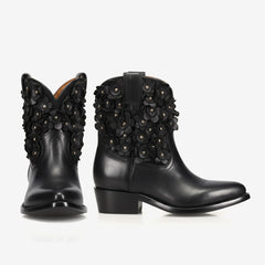 Tuhoomall Fashionable Ankle Boots for Women with Floral Stud Detail, Comfortable Chunky Heel, Perfect for Casual and Work Wear All Year Round