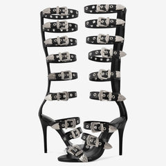 Tuhoomall High Heel Sandals for Parties & Events, Open Toe Design with Adjustable Buckle, Summer Fashion Knee-High Boots, Rubber Sole, Stylish Performance Footwear