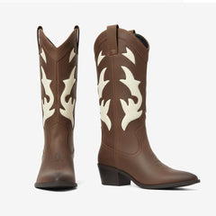 Tuhoomall Western Embroidered Mid-Calf Boots with Chunky Heel Perfect for Fashion and Casual Work Wear Tuhoomall