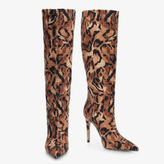 Tuhoomall High Boots with Rhinestone Animal Print, Sparkling High Heel Stiletto, Comfortable Slip-On for Parties and Casual Events Tuhoomall