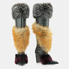 Tuhoomall Stylish Over-the-Knee Chunky Heeled Boots for Parties and Performances with Faux Fur and Studs