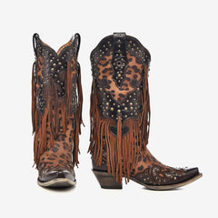 Tuhoomall Western Style Women's Cowboy Boots, Casual Mid-Calf Shoes with Animal Print, Fringe, and Studs, Chunky Heel, All-Season Wear