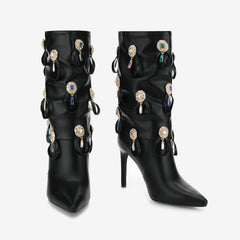 Tuhoomall Ankle Boots for Women, Casual Wrinkled Booties, Glamorous Rhinestone and Metallic Buckle Design, Perfect for Outdoor Fashion