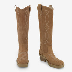 Tuhoomall Western Style Knee-High Cowboy Boots for Women, Casual Vintage Square Toe Chunky Heel, Embroidered Faux Suede, Spring Autumn Winter