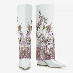 Tuhoomall Knee High Floral Print Heeled Boots with Sparkling Beads for Fashionable Parties and Casual Outings