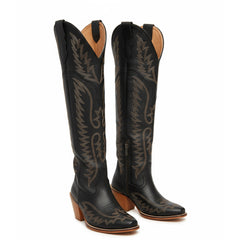 Tuhoomall Western Knee-High Boots For Women, Retro Chunky Heel, Pointed Toe, Embroidered Design, Fashionable Casual Footwear
